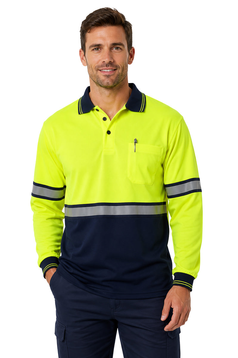 Polyester Long Sleeve Lime Green/Navy Polo Shirt with Reflective Stripe (No ID)