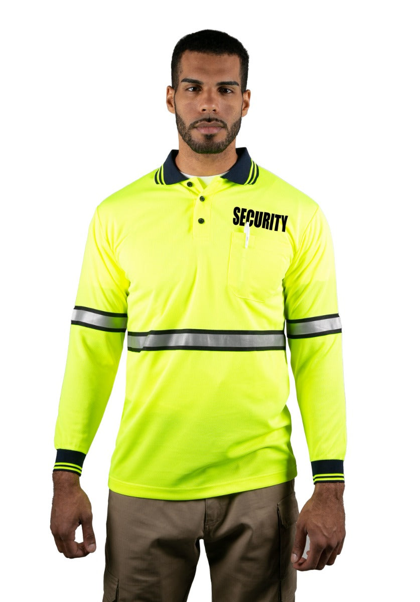 Polyester Long Sleeve Lime Green Polo Shirt with Reflective Stripe (Security ID)